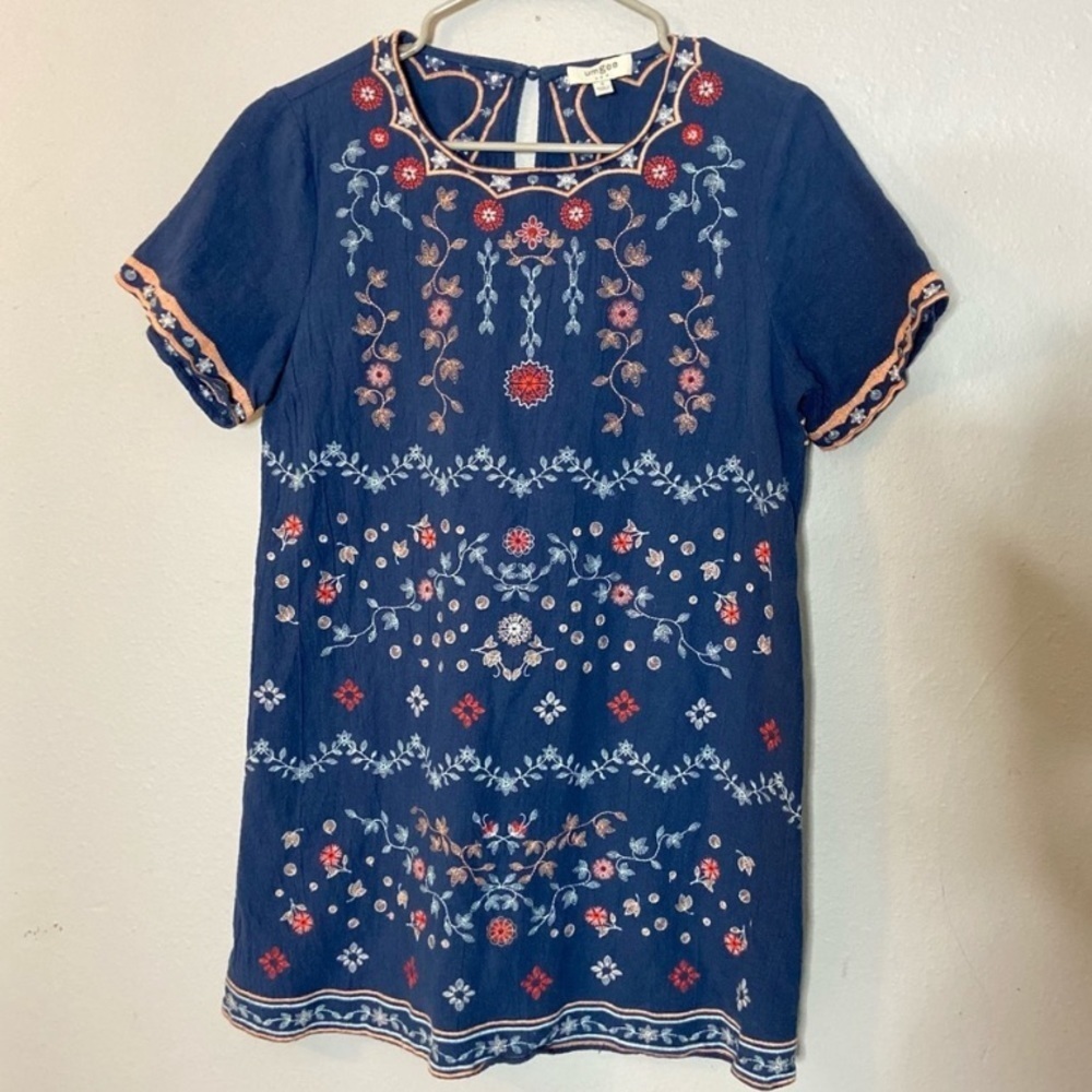 Umgee Women's Navy Blue Embroidered Floral Multi Colored Dress Size Small